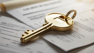 Uma chave em cima de um contrato, simbolizando documentos essenciais para comprar um imóvel.