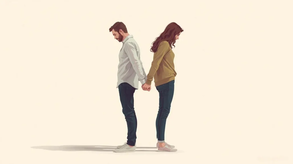 Um casal de costas para o outro, simbolizando um divórcio consensual.