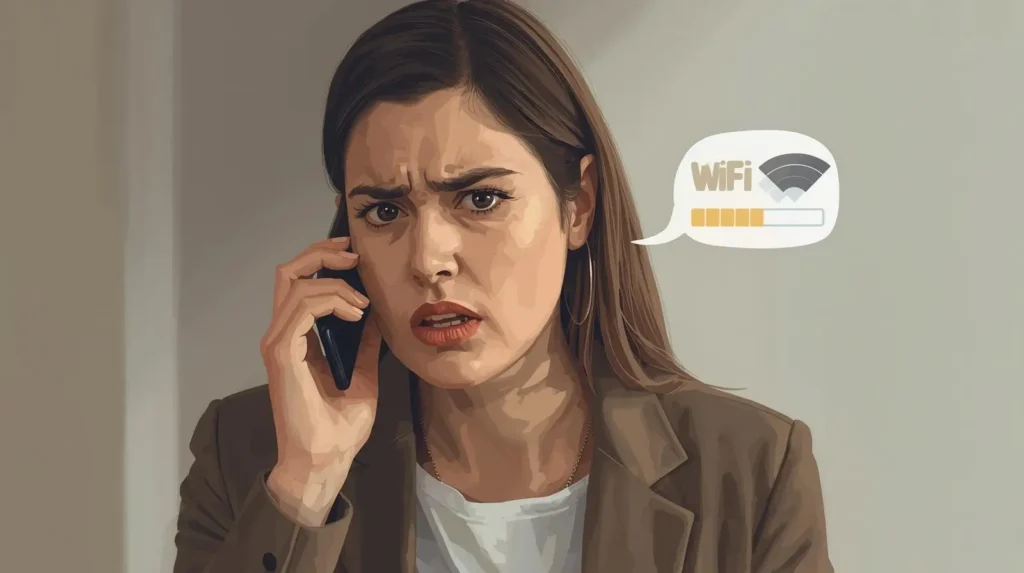 Uma pessoa falando ao celular, simbolizando uma internet lenta.