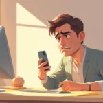 Pessoa com um celular na mão, com cara de preocupado, simbolizando uma cobrança indevida.