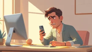 Pessoa com um celular na mão, com cara de preocupado, simbolizando uma cobrança indevida.