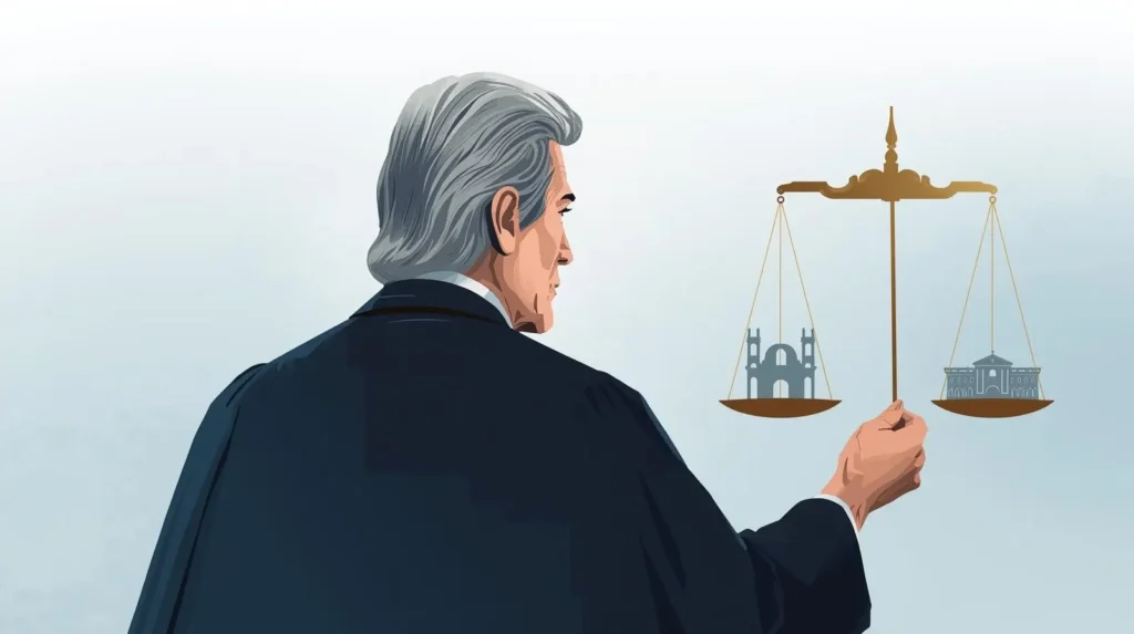 Imagem de um ministro do STF com uma balança na mão, simbolizando o ministros Luiz Fux, e o voto dele sobre foro por prerrogativa de função (foro privilegiado).